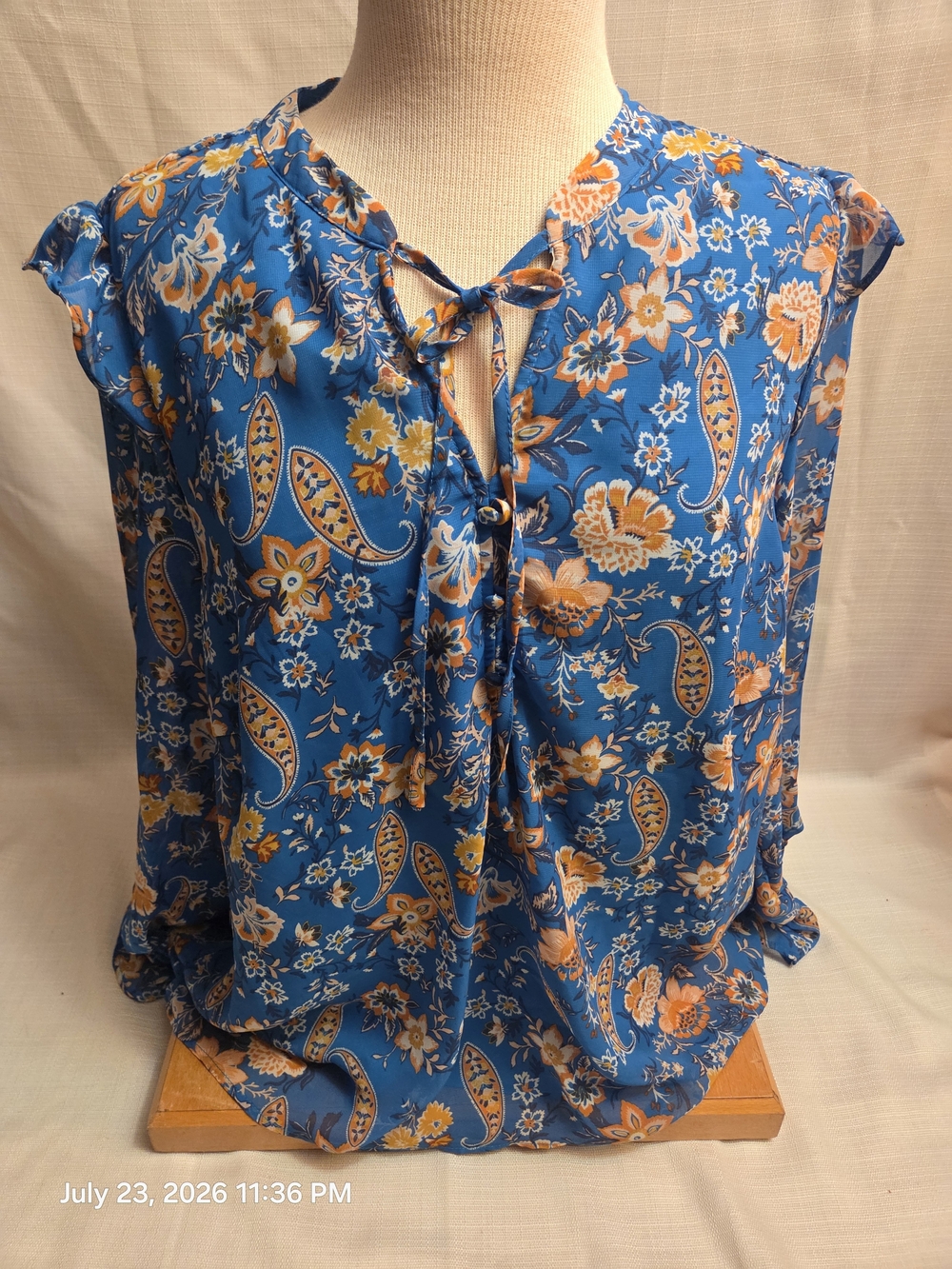 Women’s Blue Floral Paisley Tie-Neck Blouse - Picture 1 of 8